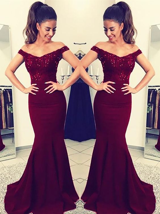 Charming Burgundy Off Shoulder Elastic Satin Long Mermaid Lace Prom Dresses    cg21390