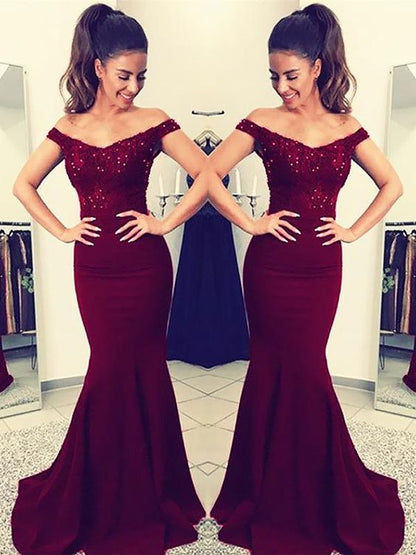 Charming Burgundy Off Shoulder Elastic Satin Long Mermaid Lace Prom Dresses    cg21390