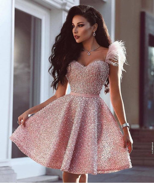 Sweetheart Pink Beaded Short homecoming Dress with Feathers, Cutest Pink Dresses for Homecoming  cg214