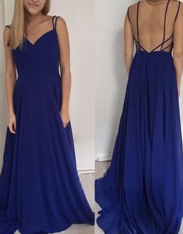 Simple Blue V-Neck Spaghetti Strap Backless Sweep Train Long Evening Prom Dresses cg2140