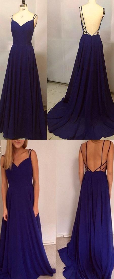 Simple Blue V-Neck Spaghetti Strap Backless Sweep Train Long Evening Prom Dresses cg2140