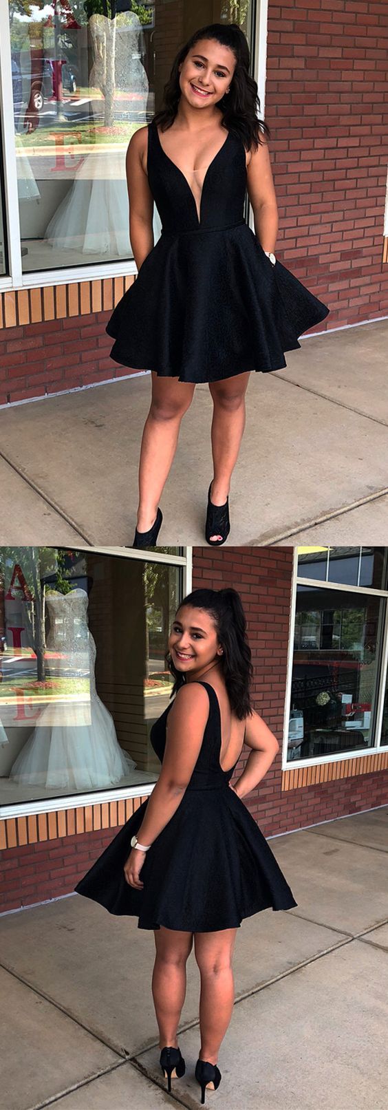 Cute A Line V Neck Open Back Black Short Homecoming Dresses cg2155