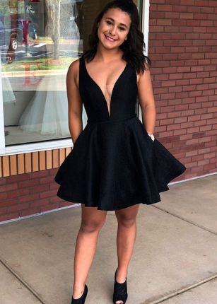 Cute A Line V Neck Open Back Black Short Homecoming Dresses cg2155