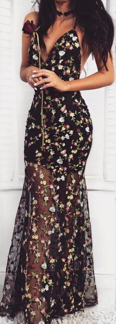 Black Mermaid Floral Prom Dresses Sexy V Neck Straps Formal Dresses     cg21615