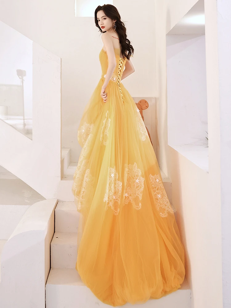 Yellow Unique High Low Tulle with Lace Prom Dress, Yellow Formal Dress Evening Dress   cg21619