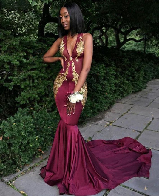 Sexy Mermaid Burgundy V Neck With Gold Appliques Long African Prom Dresses    cg21635