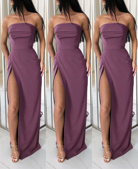 Prom Dresses Simple mauve strapless bridesmaid dresses satin split    cg21702