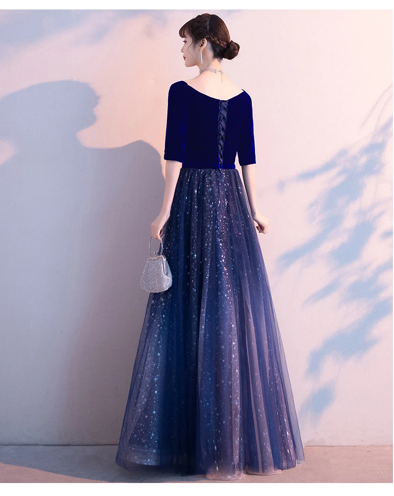 Navy Blue Velvet Short Sleeves With Shiny Tulle Long Party prom Dress, Blue Bridesmaid Dress Prom Dress    cg21789