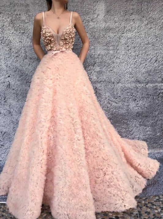 Sexy Spaghetti Straps ,Sweetheart Neckline ,A Line Prom Dress , Floor Length,3D Flower Applique Evening Dress    cg21922