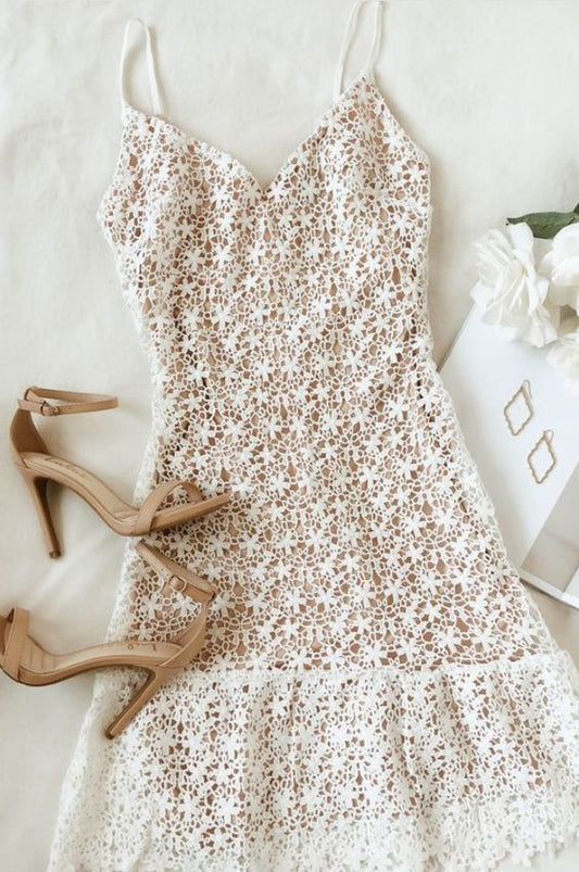 White And Nude Lace Ruffled Mini Dress Homecoming Dress     cg21936