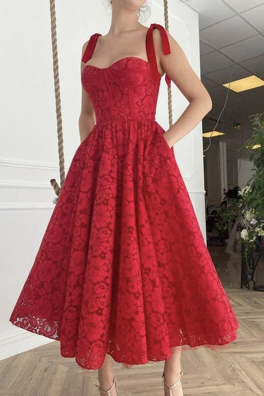 Sweetheart Neck Tea Length Red Lace Prom Dress   cg21980