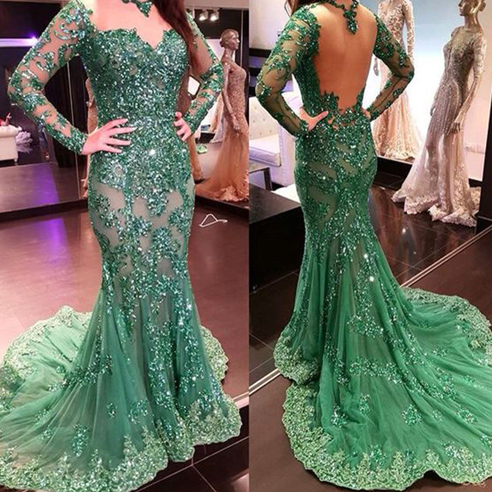 mermaid prom dresses, long sleeve prom dresses, lace prom dresses, beaded prom dresses, long sleeve evening dresses    cg22094