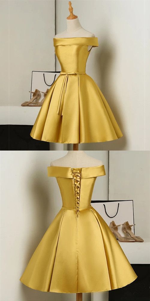 Gold Short Party Dress, Simple Off Shoulder Homecoming Dress  cg221