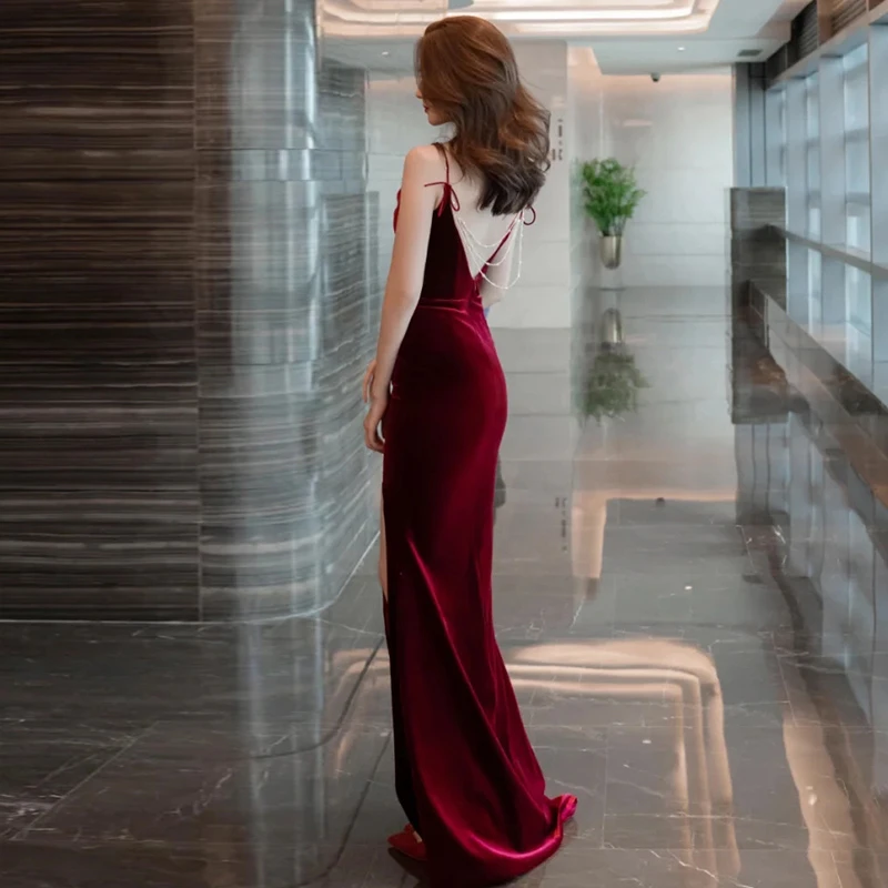 Burgundy Velvet Sexy Mermaid Slit Long Evening Dress, Backless Prom Dress Party Dress    cg22168