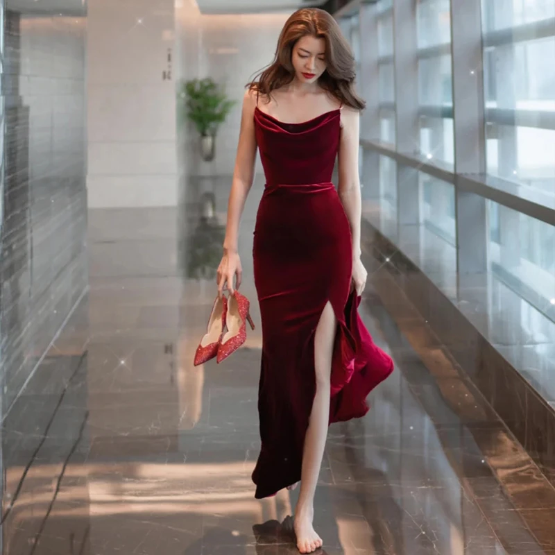 Burgundy Velvet Sexy Mermaid Slit Long Evening Dress, Backless Prom Dress Party Dress    cg22168