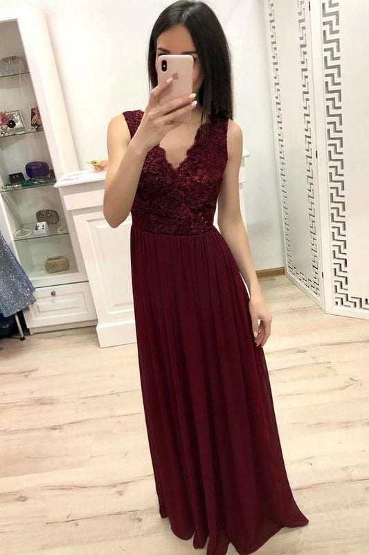 Lace Chiffon Long Prom Dress V-neck Burgundy Bridesmaid Dresses cg2220