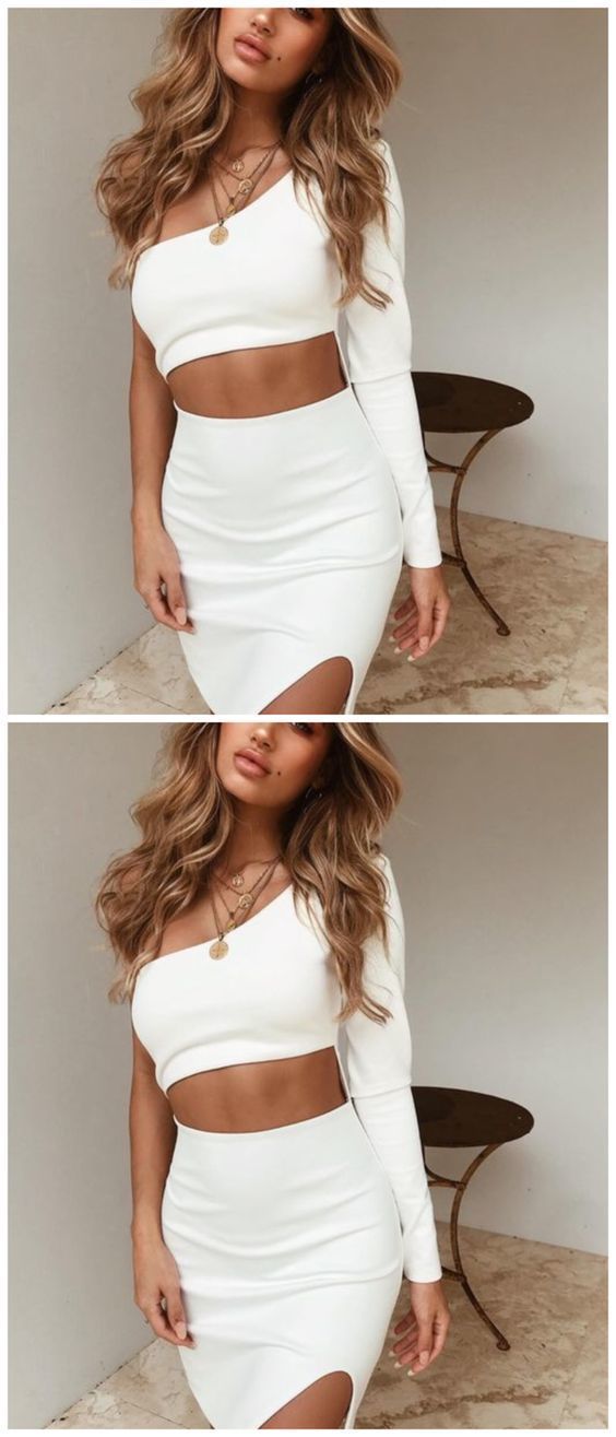 Two Piece One Shoulder Long Sleeve Short Homecoming Dress     cg22247