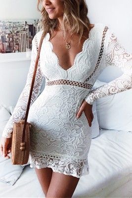 Sexy Lace Long Sleeved White V-neck Homecoming Dress   cg22308