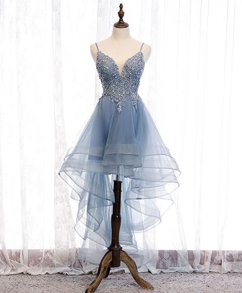 Blue sweetheart tulle lace high low dress, blue homecoming dress cg2234