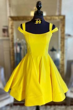 Simple yellow satin short yellow cocktail dress Homecoming Dress    cg22347