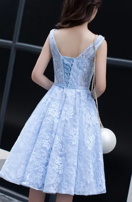 Light Blue Lace Knee Length Round Neckline Party Dress, Charming Blue homecoming Dress cg2246