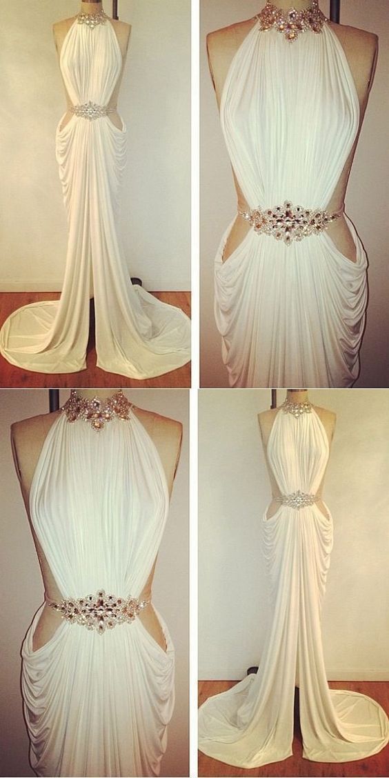 Sexy Prom Dresses Sheath Column High Neck Rhinestone Long White Prom Dress      cg22581