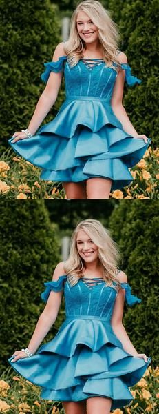 Ice Blue Off Shoudler Lace Satin Charming Homecoming Dresses  cg2261