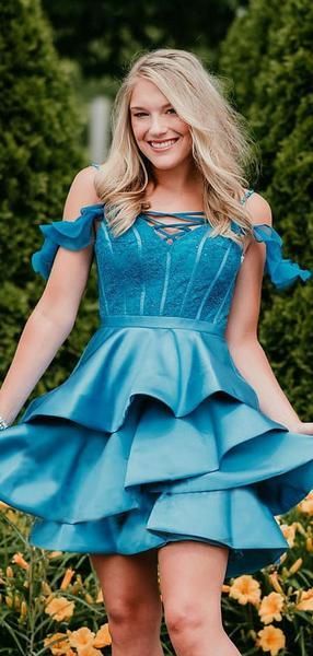 Ice Blue Off Shoudler Lace Satin Charming Homecoming Dresses  cg2261