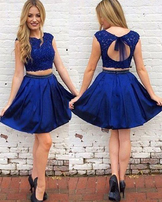 two piece royal blue lace bodice satin homecoming dress cg2262