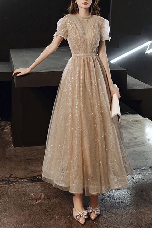 Vintage Style A-line champagne party dress features with short sleeves homecoming dress   cg22636