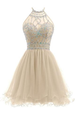 Beaded Halter Homecoming Dress Short Tulle Dress cg2264