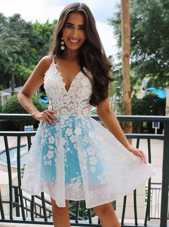 A-Line Spaghetti Straps Above-Knee White Homecoming Dress with Appliques cg2266