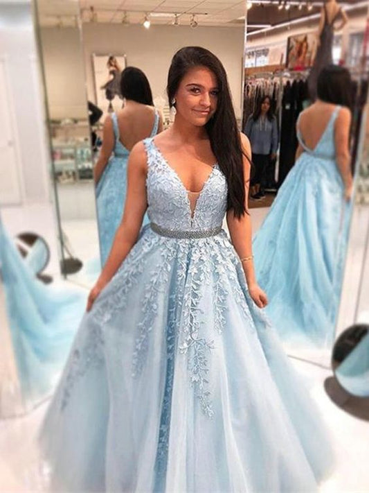 A Line V Neck Blue Lace Prom Dresses, Blue Lace Formal Dresses, Blue Lace Graduation Dresses      cg22723