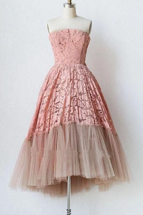 A Line Pink Lace Strapless Sleeveless Short Tulle Homecoming Dresses    cg22733