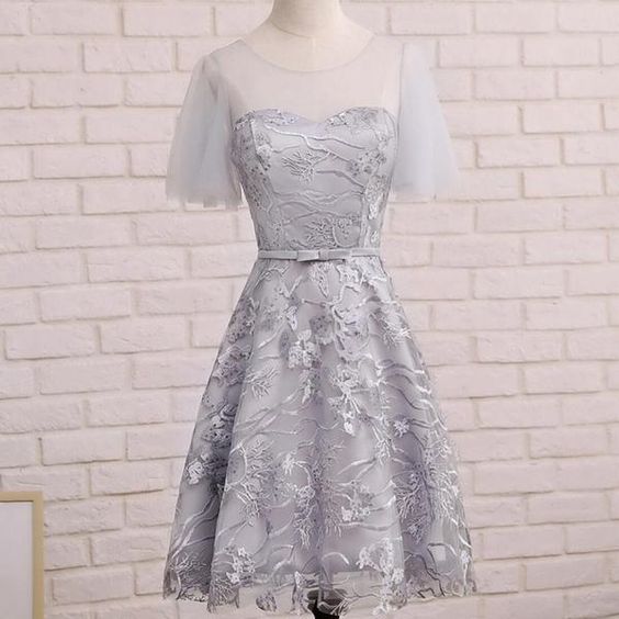 Short Sleeve Gray Lace Cute Homecoming Dresses     cg22736