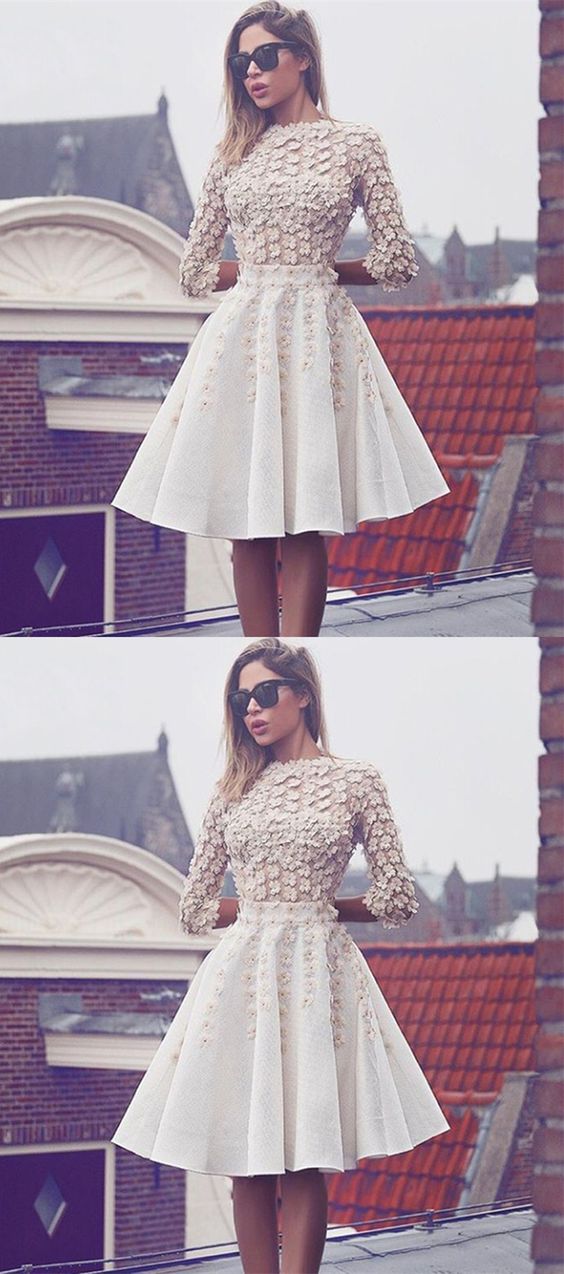 A-Line Bateau 3/4 Sleeves Ivory Satin Knee-Length Homecoming Dress with Appliques cg229