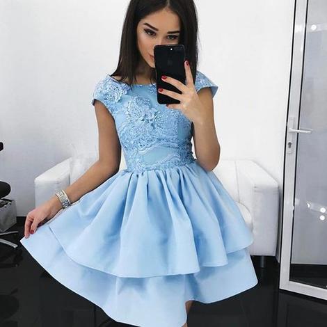 A-Line Bateau Cap Sleeves Light Sky Blue Satin Homecoming Dress with Lace     cg22923