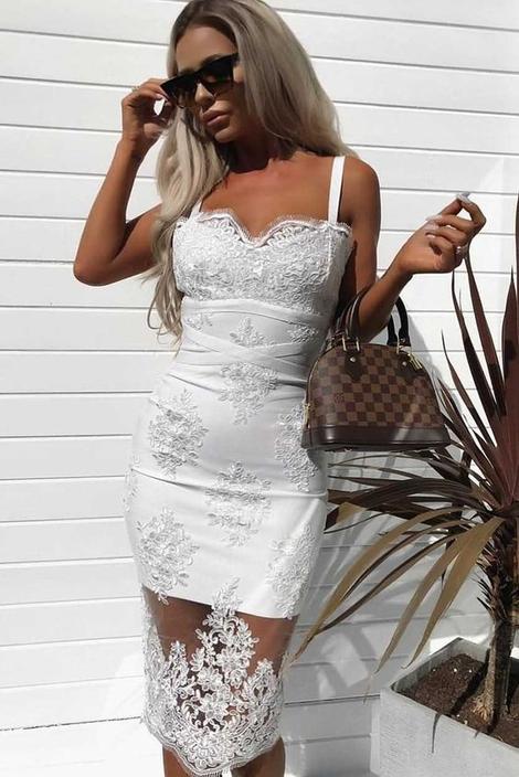 White Spaghetti Straps Embroidery Sexy Bodycon Midi Lace Homecoming Dress        cg22931