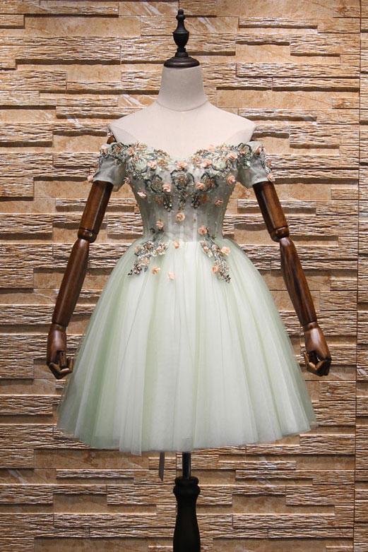 Light Mint Green Knee Length Floral Lace Sweetheart Party Dress, Tulle Short Homecoming Dress       cg22968