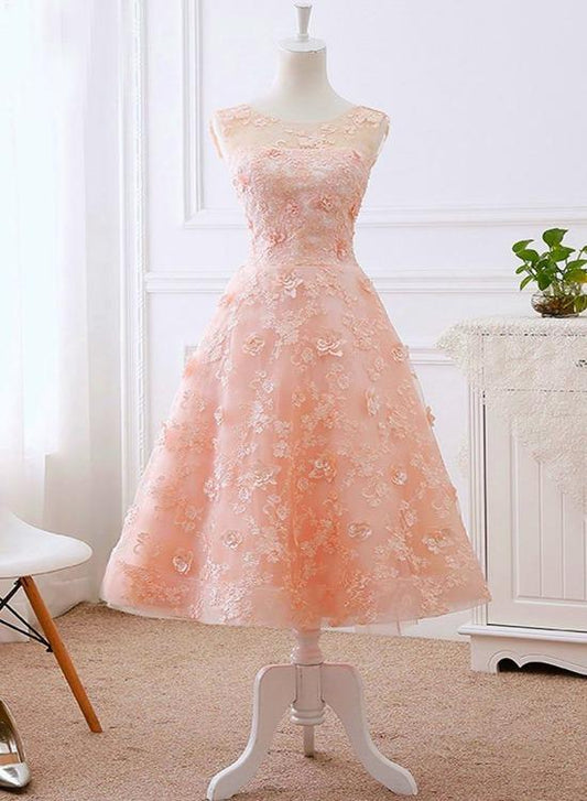 Pretty Pink Tea Length Flower Lace Wedding Party Drses, Pink Lace Formal Dress Homecoming Dress       cg22969