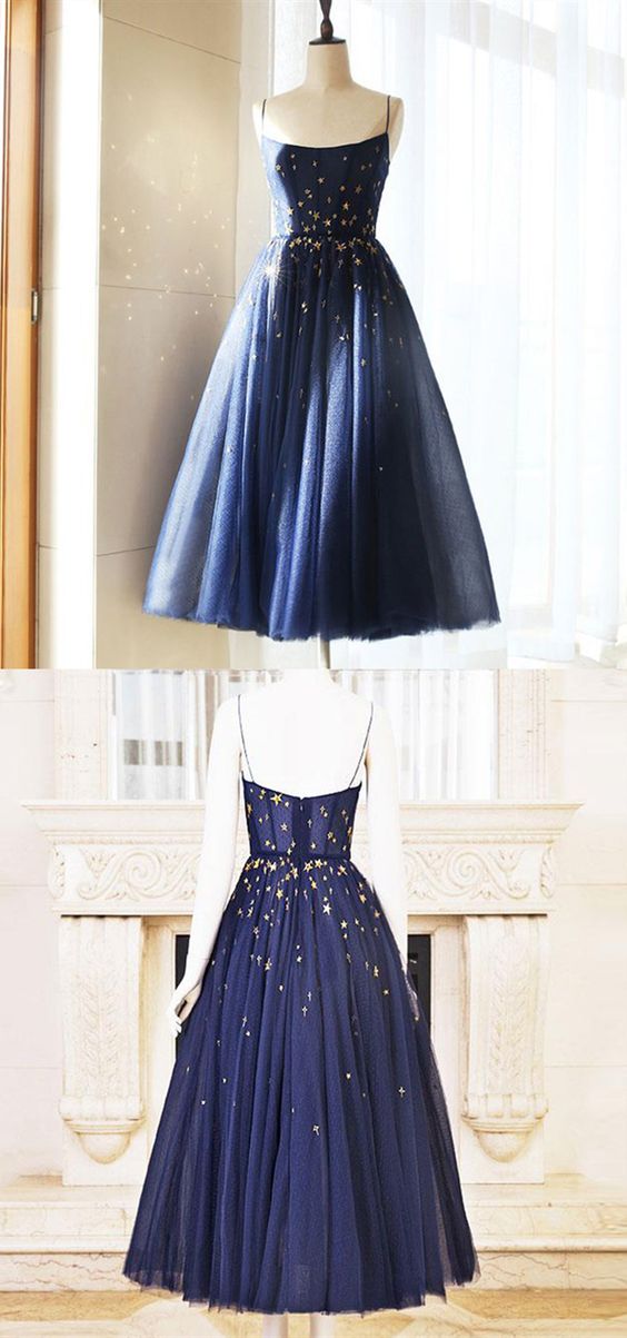 A Line Spaghetti Straps Navy Blue Tea Length Homecoming Dress With Sequins cg2301