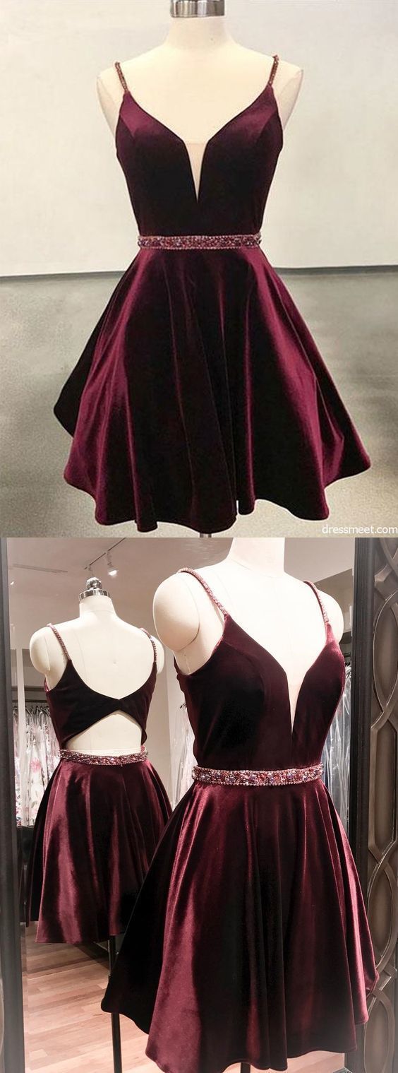 Cute A Line V Neck Open Back Velvet Burgundy Short Homecoming Dress cg231