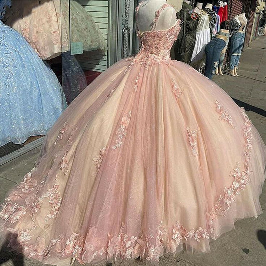 Pink Sparkly Quinceanera Prom Dresses Lace Flower Sweet 16 Tulle Party Ball Gown       cg23110