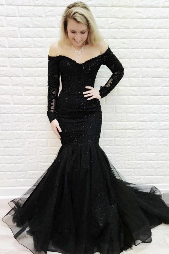 Black lace long sleeve mermaid prom dress evening dress       cg23131