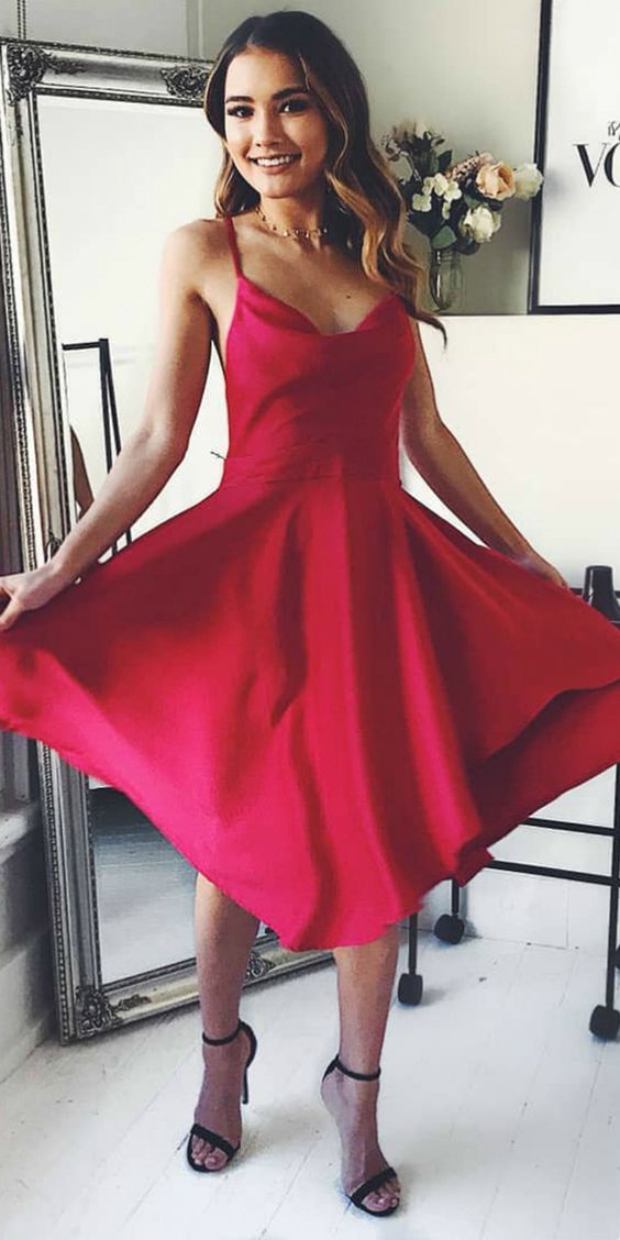 Red Satin Spaghetti Straps Crossed Back Knee Length Homecoming Dress cg2314