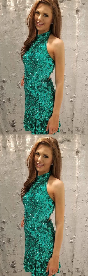 Sheath High Neck Sleeveless Sequined Short Cheap Homecoming Dresses cg2323