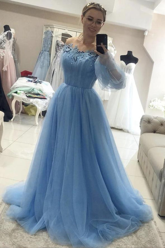 Blue tulle long A line prom dress blue evening dress         cg23262