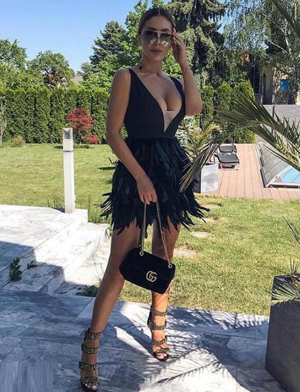 Stylish A Line Deep V Neck Black Short Homecoming Dresses With Feather cg2328