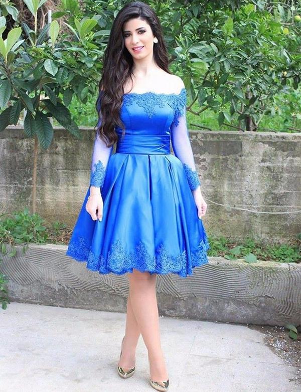 Princess A Line Off The Shoulder Blue Short Homecoming Dresses Long Sleeves cg2329