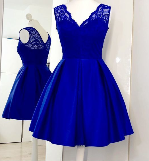 Charming Royal Blue Cute homecoming Dress, Lace Satin Short Homecoming Dress   cg233